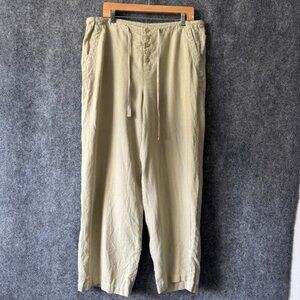 Real Comfort Pants 100% Linen Women 14 Tan Drawstring Wide Leg Vacay Beach Flowy